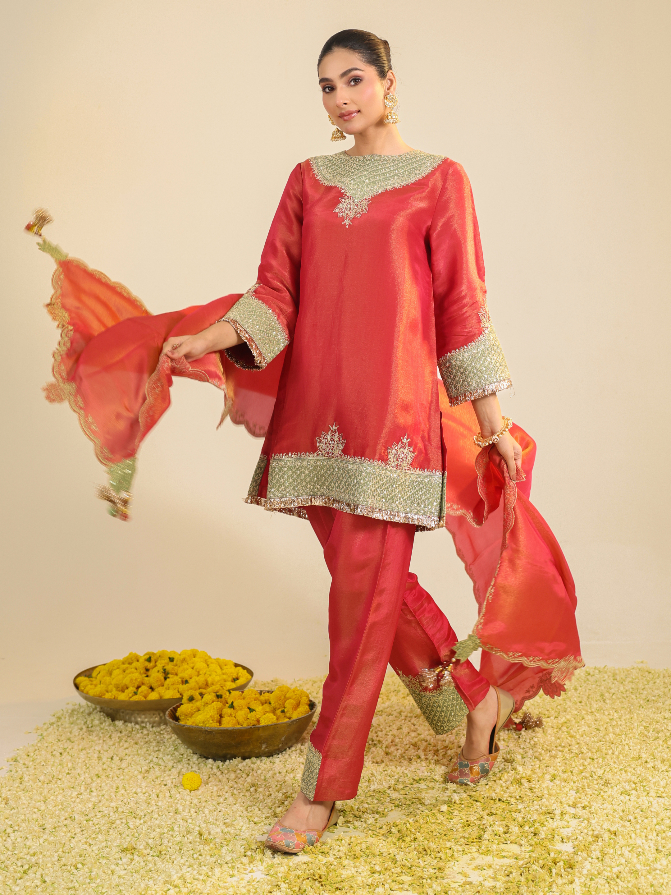 Red Divine Tissue Kurta Set