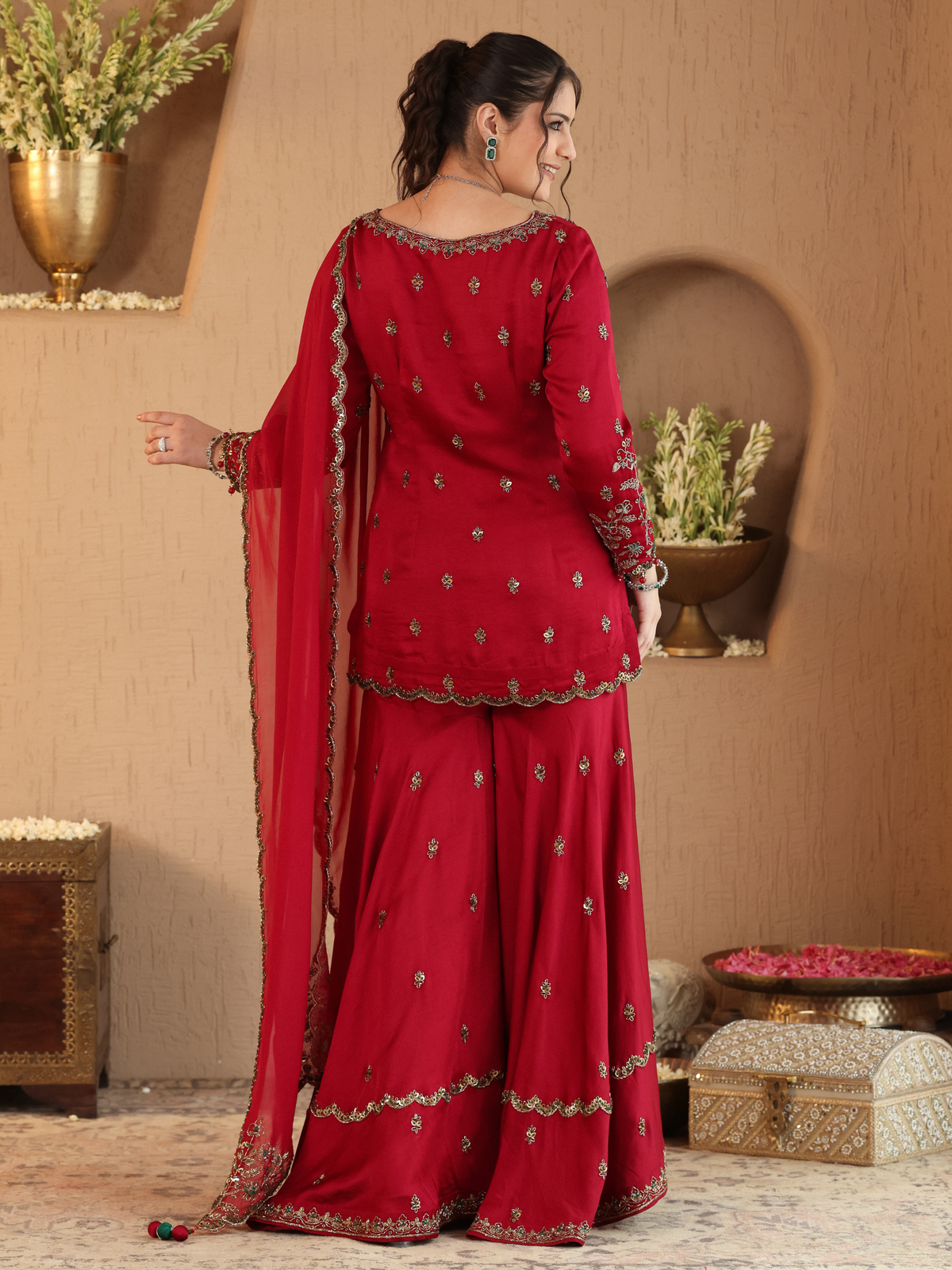 Red Hania Sharara Set