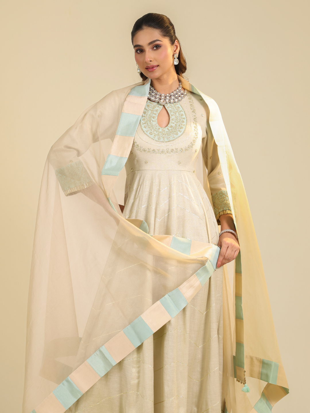 Off White Shimmer Tarini Anarkali Set