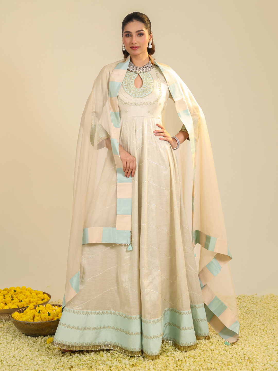 Off White Shimmer Tarini Anarkali Set