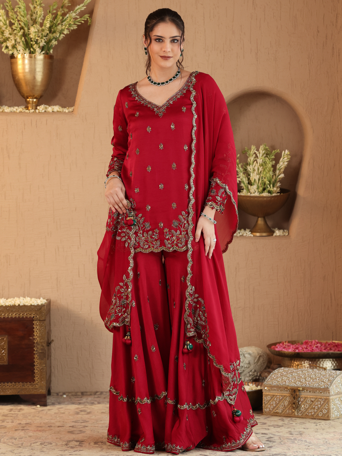 Red Hania Sharara Set
