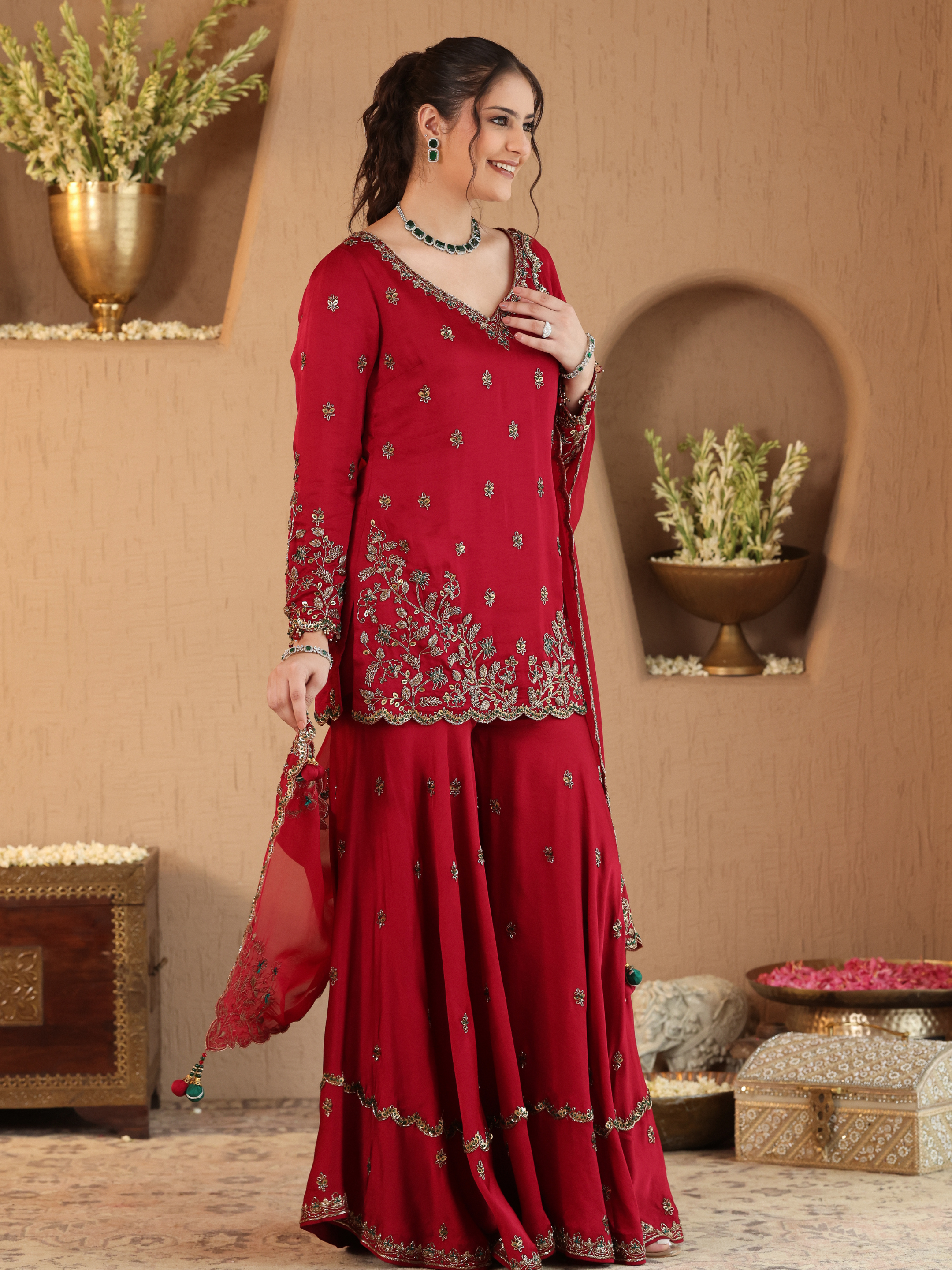 Red Hania Sharara Set