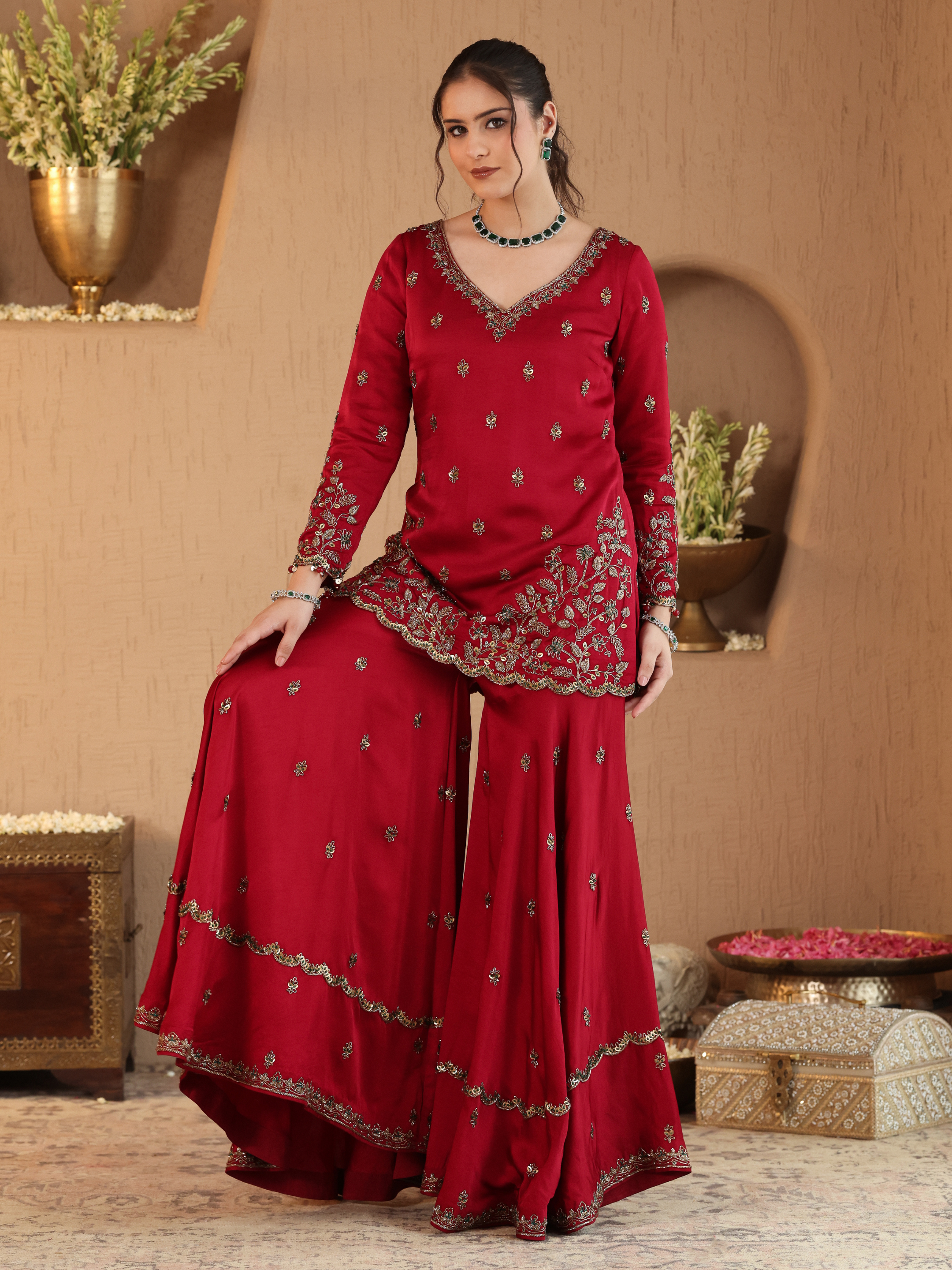 Red Hania Sharara Set