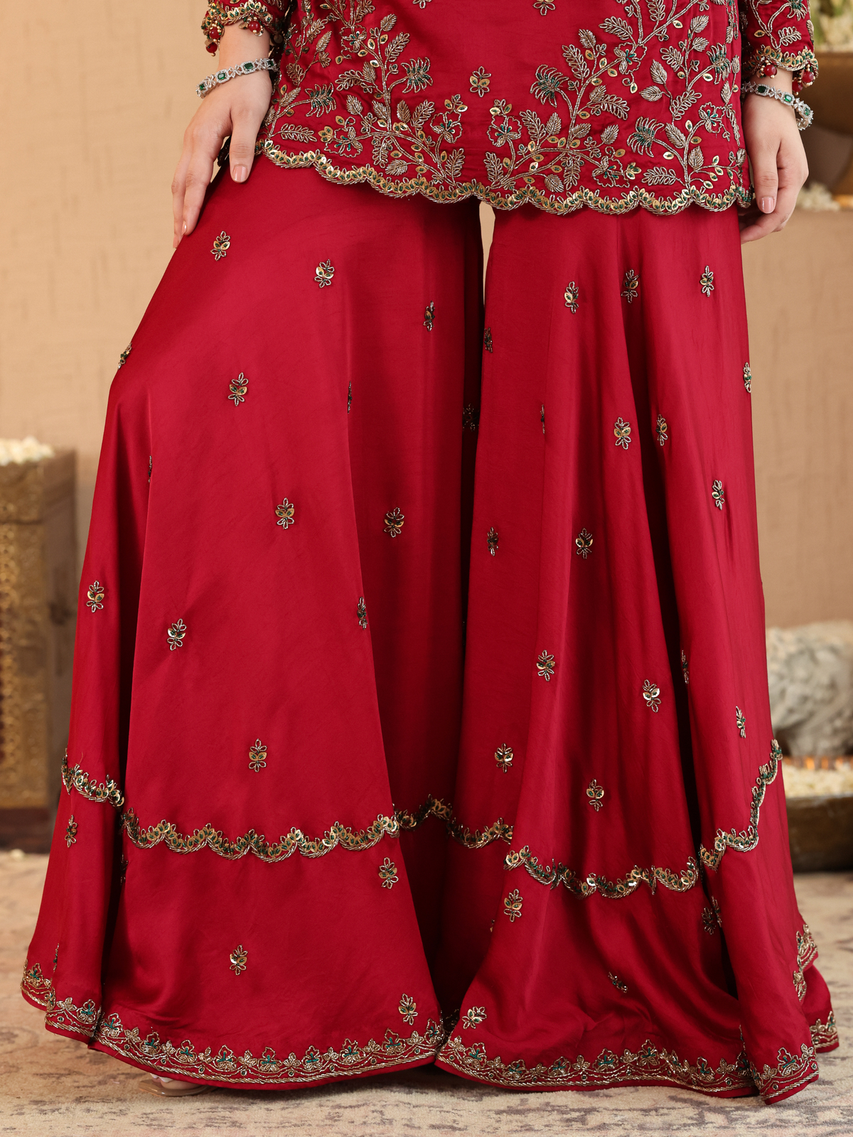 Red Hania Sharara Set