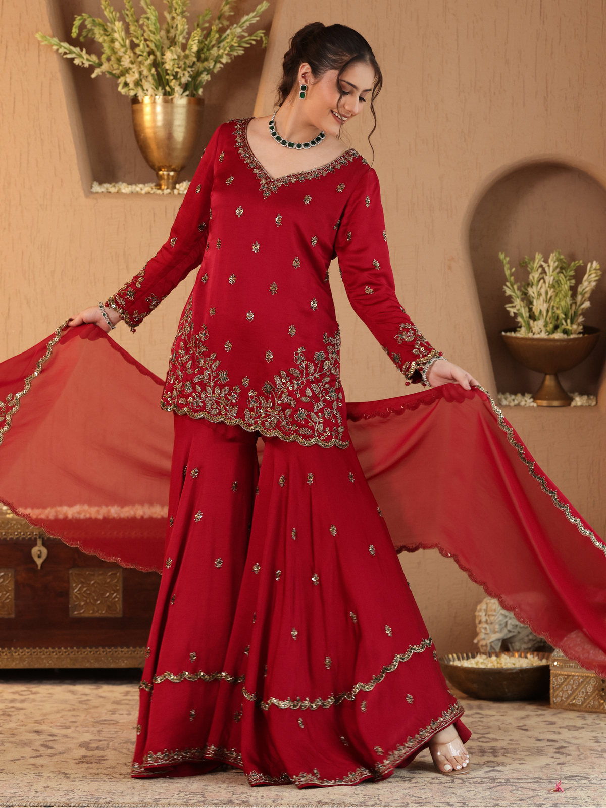 Red Hania Sharara Set